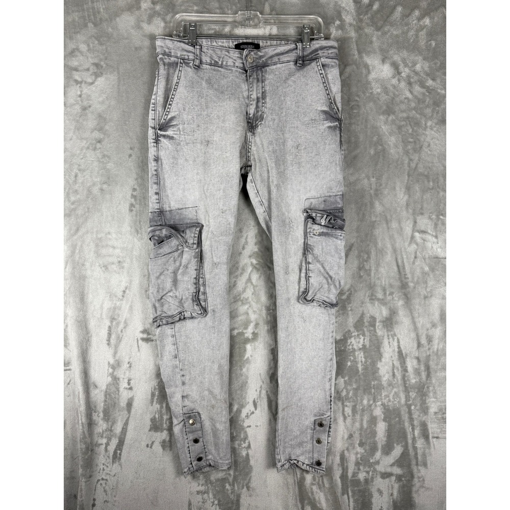 Denim‎ House Mens Grey Acid Wash Cargo Jeans W32 L32 Button Cuff